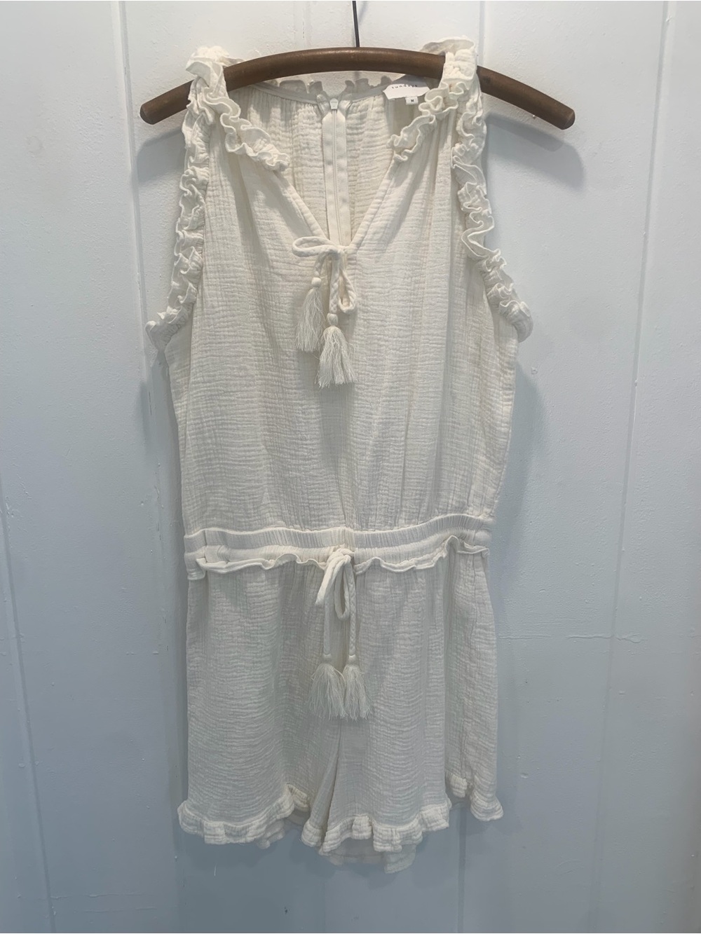 sundays Cream Ruffle Neck Romper Medium